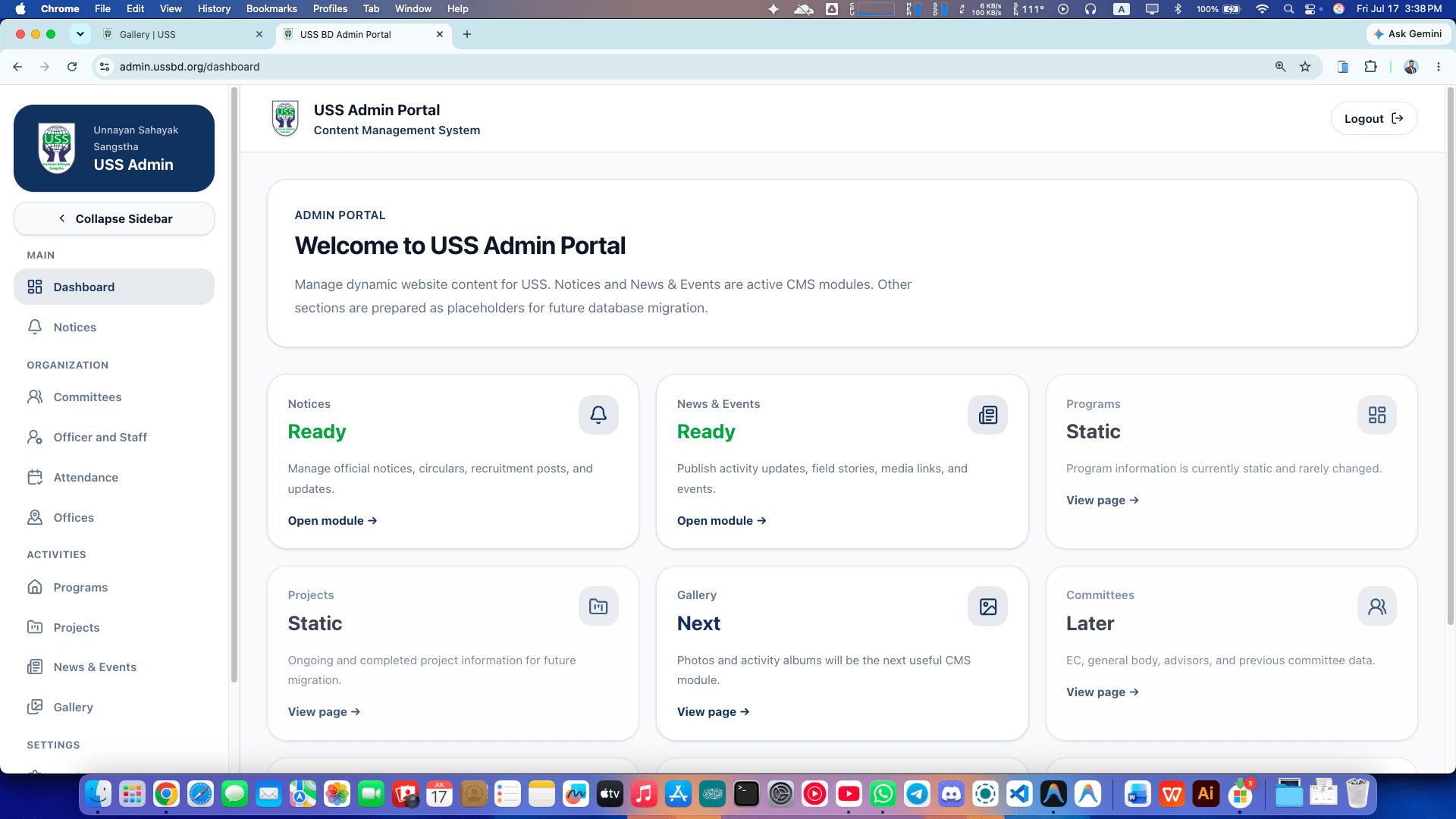 USS content-management system dashboard