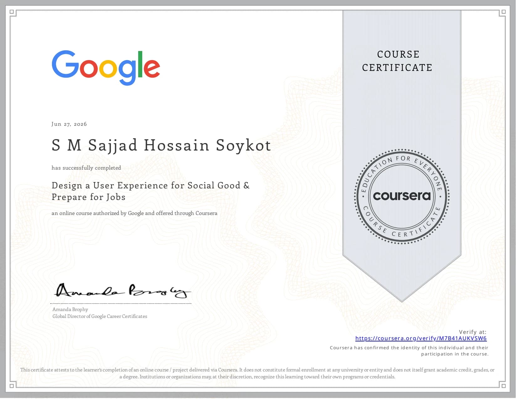 Design a User Experience for Social Good & Prepare for Jobs certificate preview