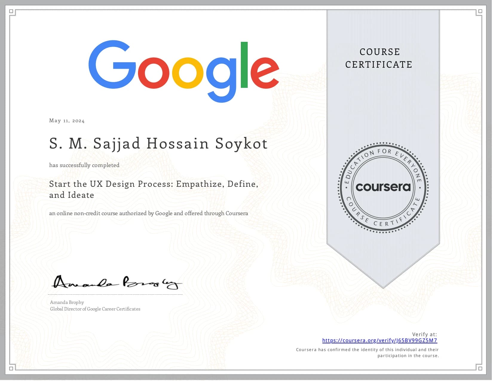 Start the UX Design Process: Empathize, Define, and Ideate certificate preview