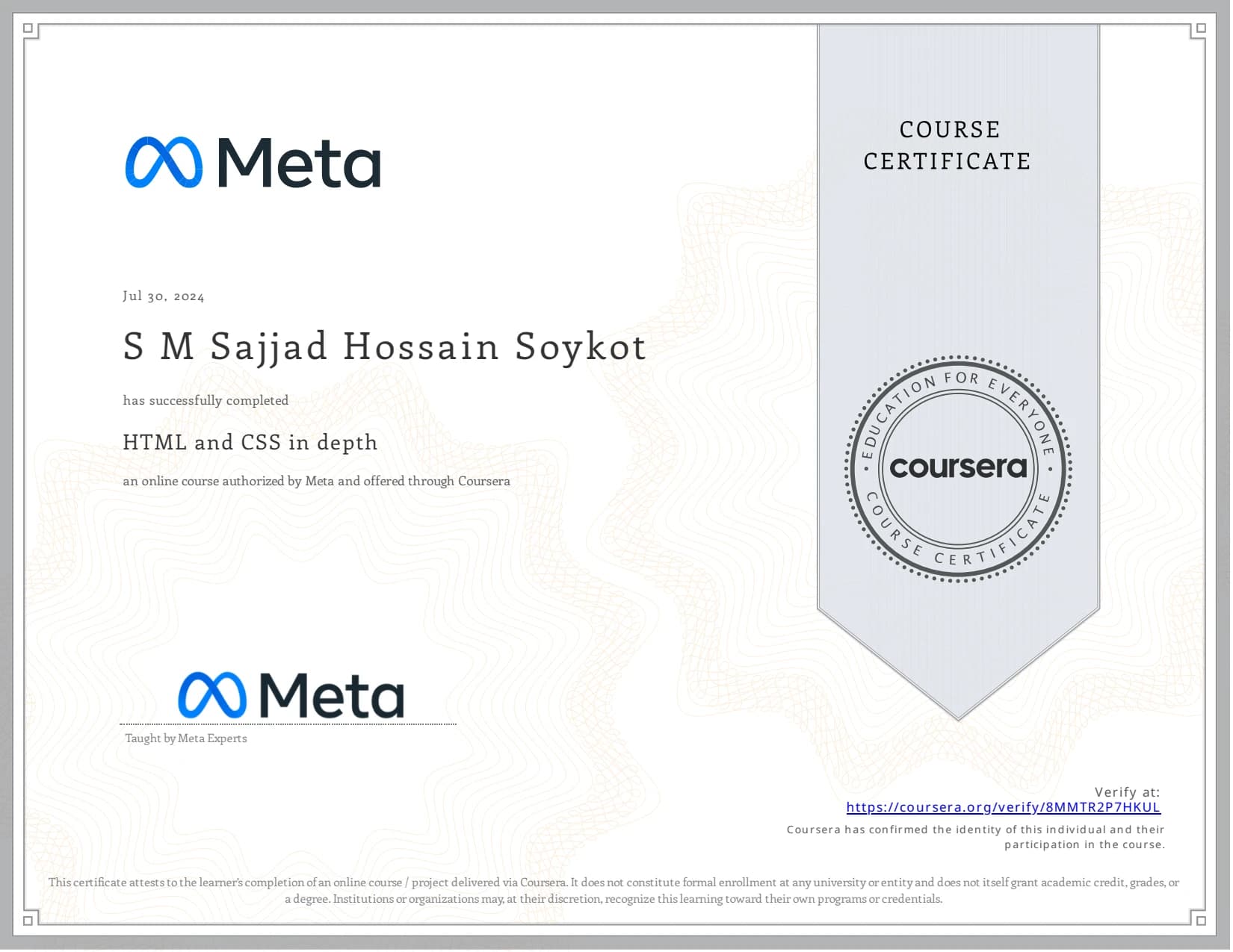 HTML and CSS in Depth certificate preview