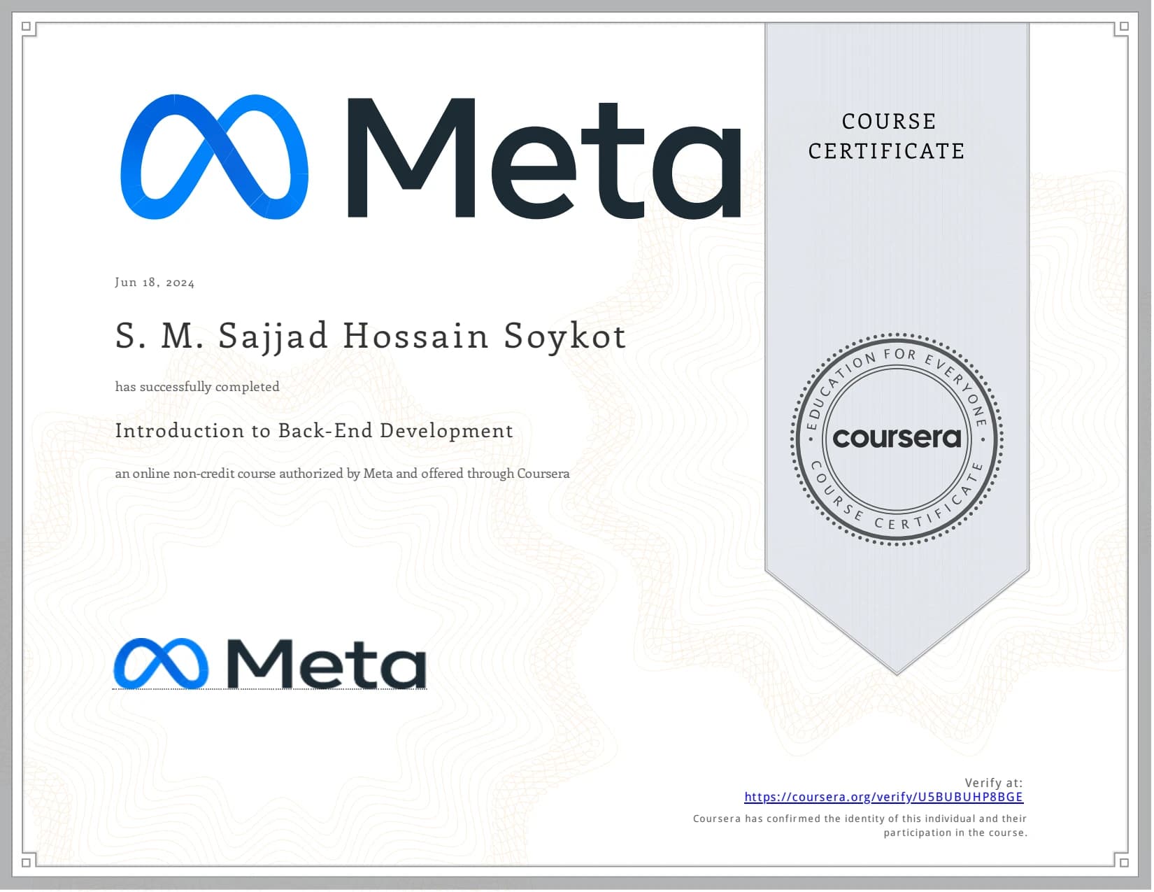 Introduction to Back-End Development certificate preview