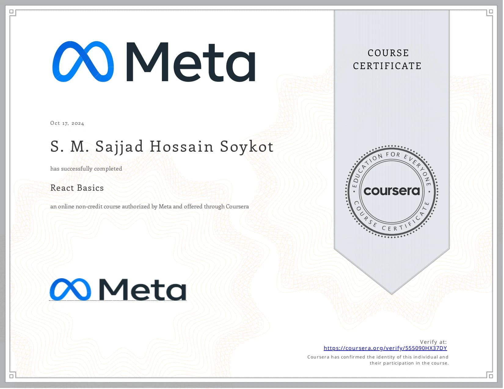 React Basics certificate preview