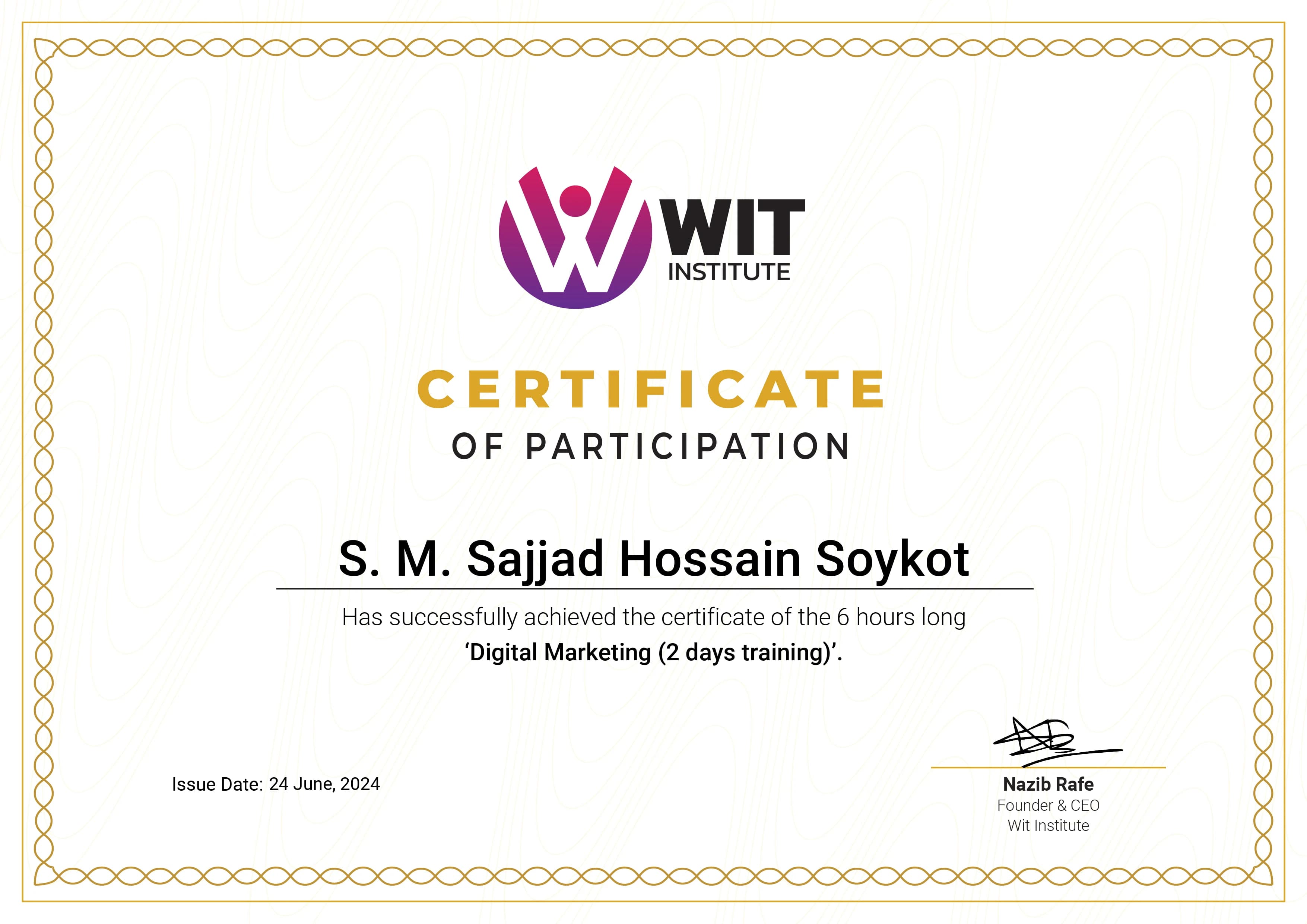 Digital Marketing certificate preview