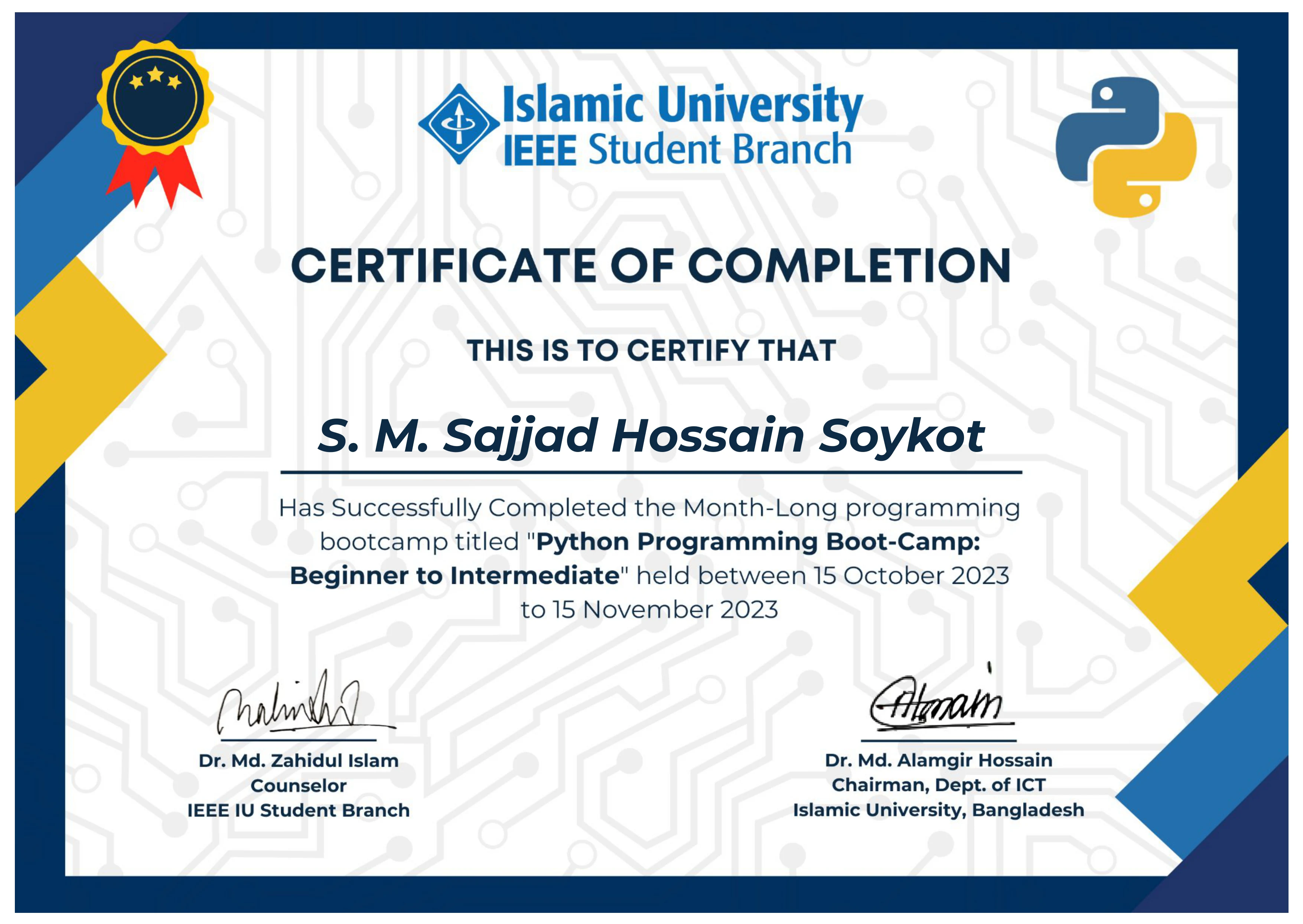 Python Programming Bootcamp: Beginner to Intermediate certificate preview