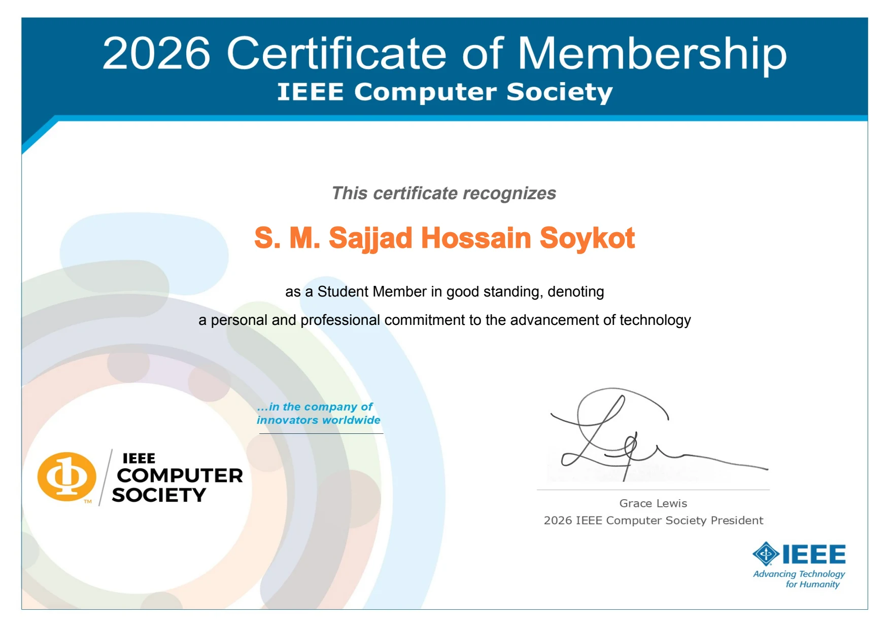 IEEE CS membership certificate 2026