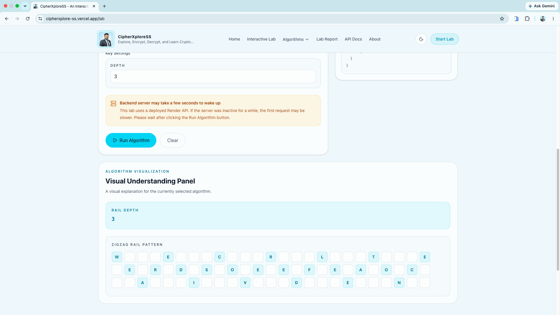 CipherXploreSS algorithm visualization page