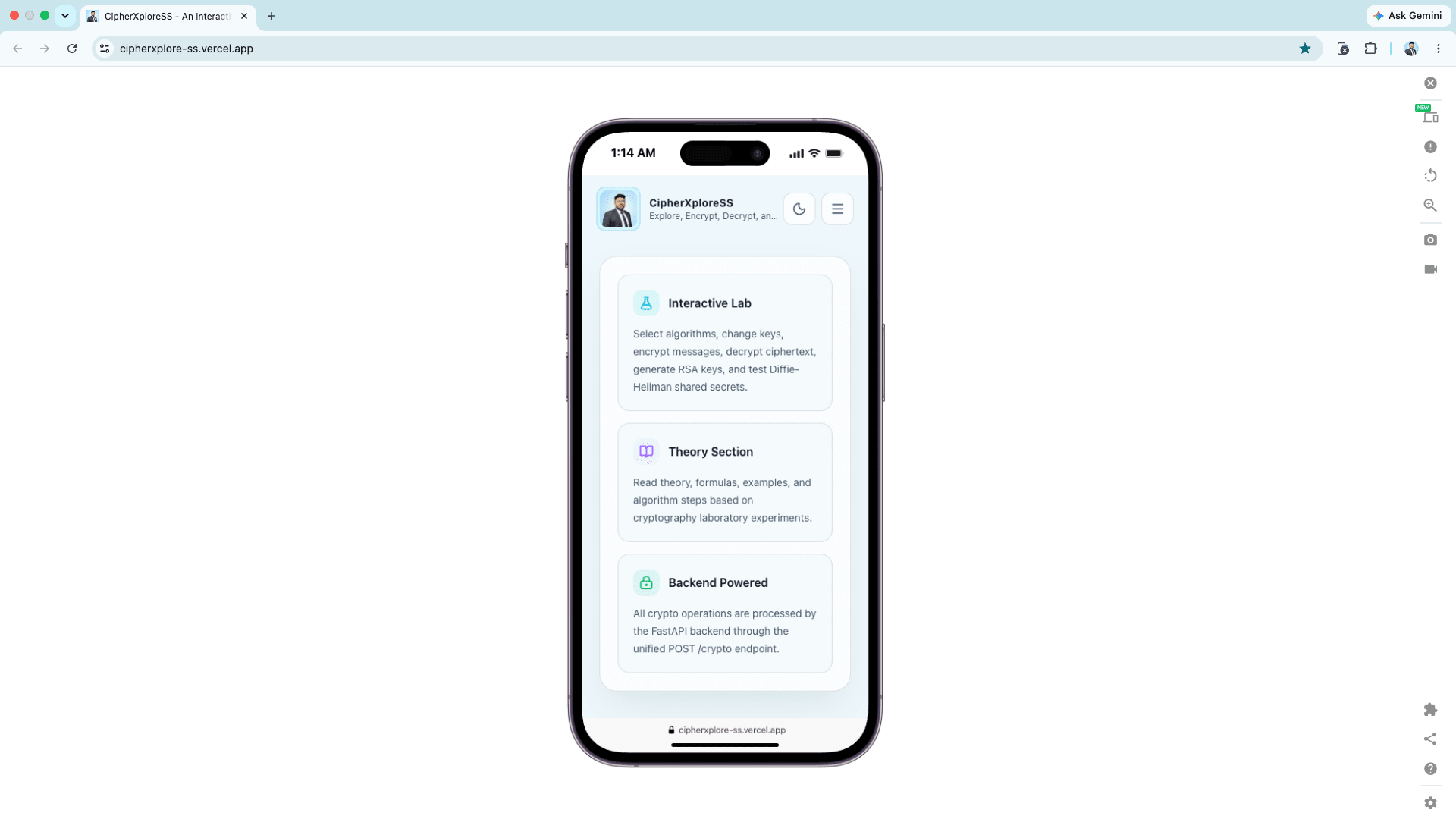CipherXploreSS mobile view layout