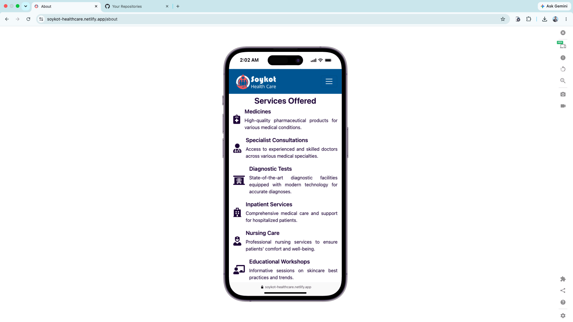 Soykot Healthcare mobile view responsive design