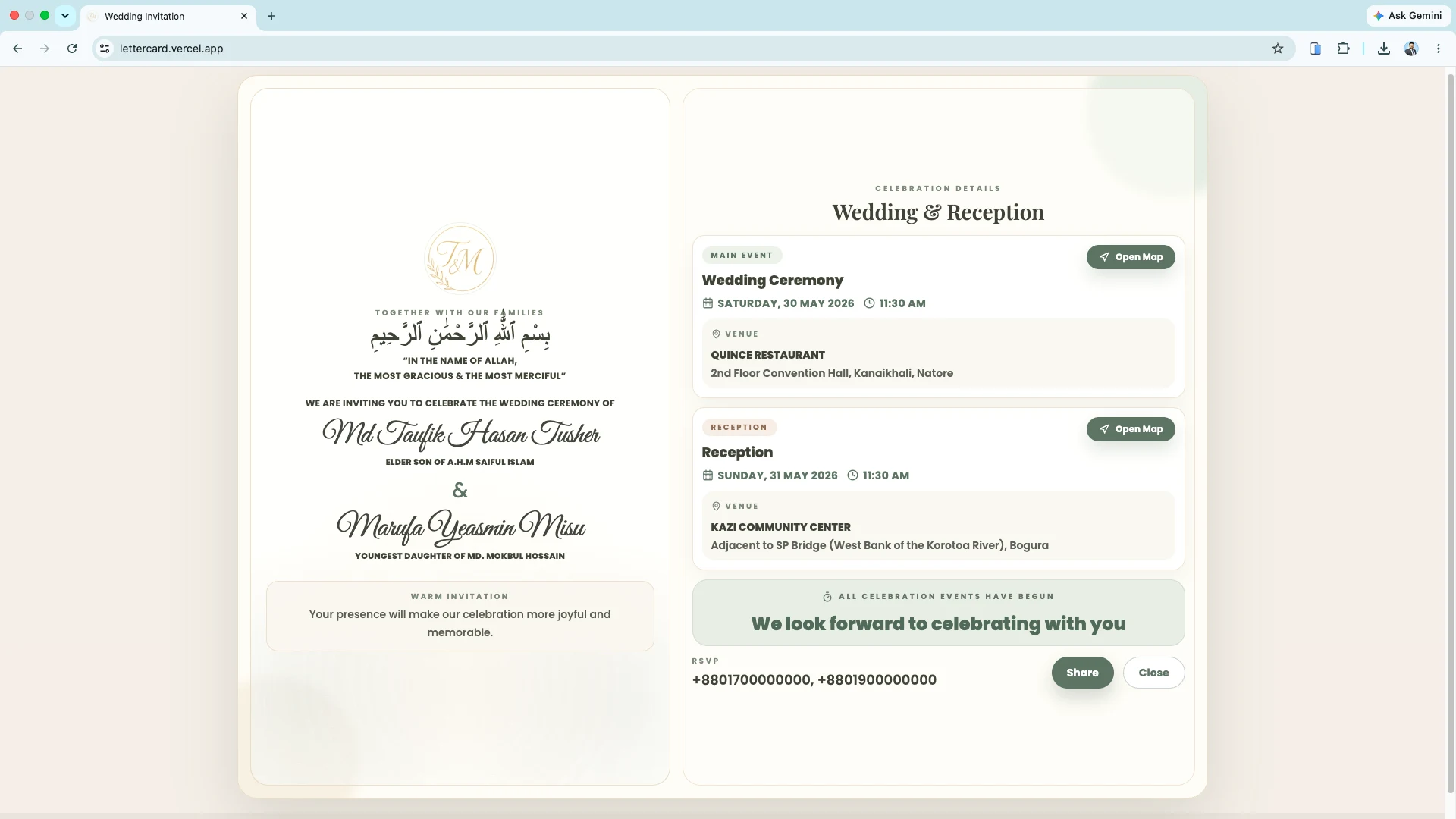 Interactive invitation card desktop view