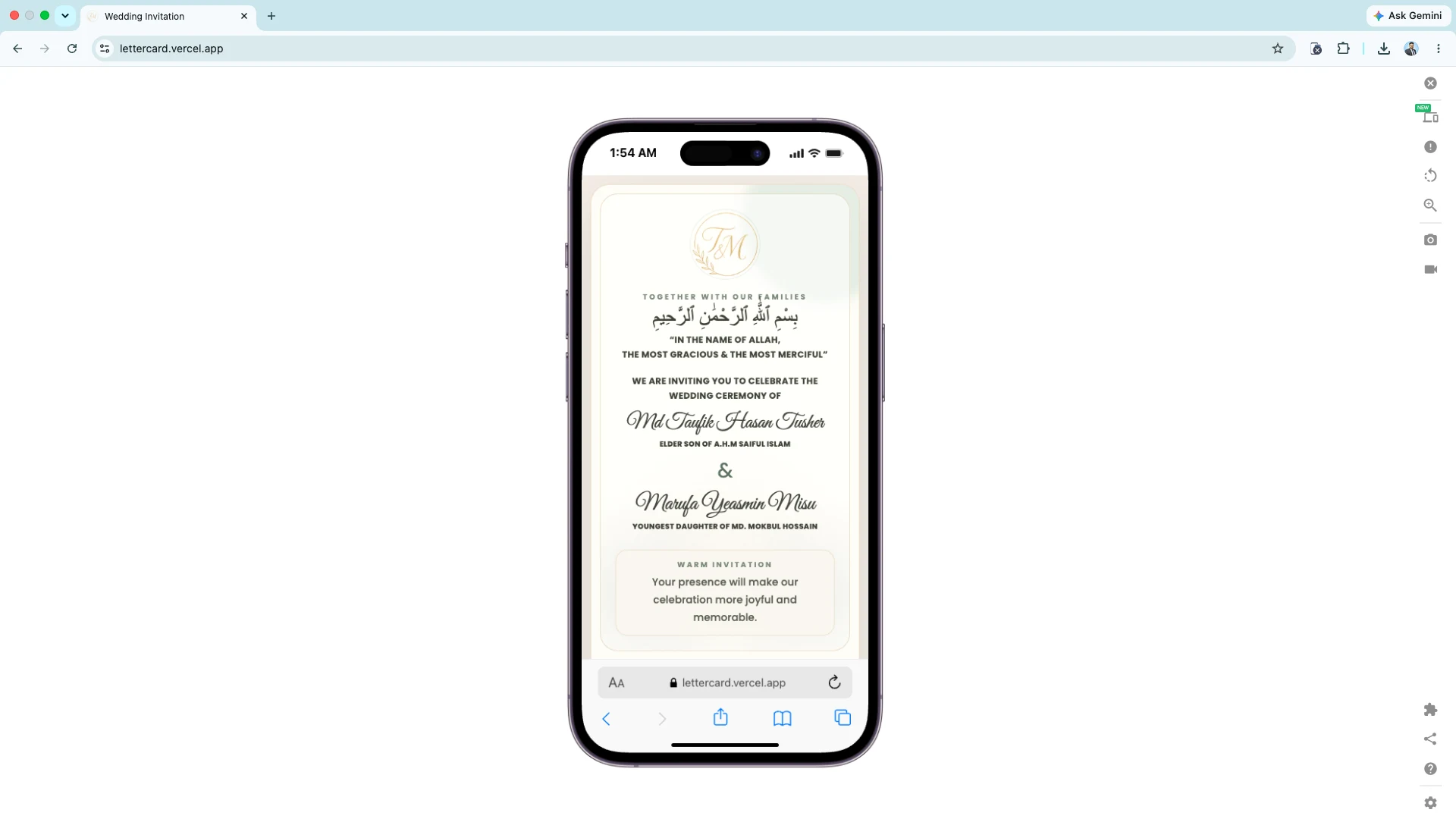 Interactive invitation card mobile view