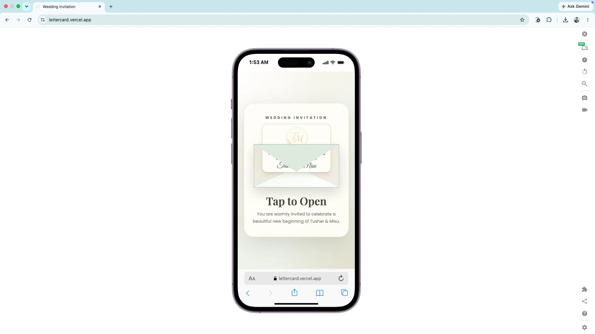Interactive invitation envelope mobile view