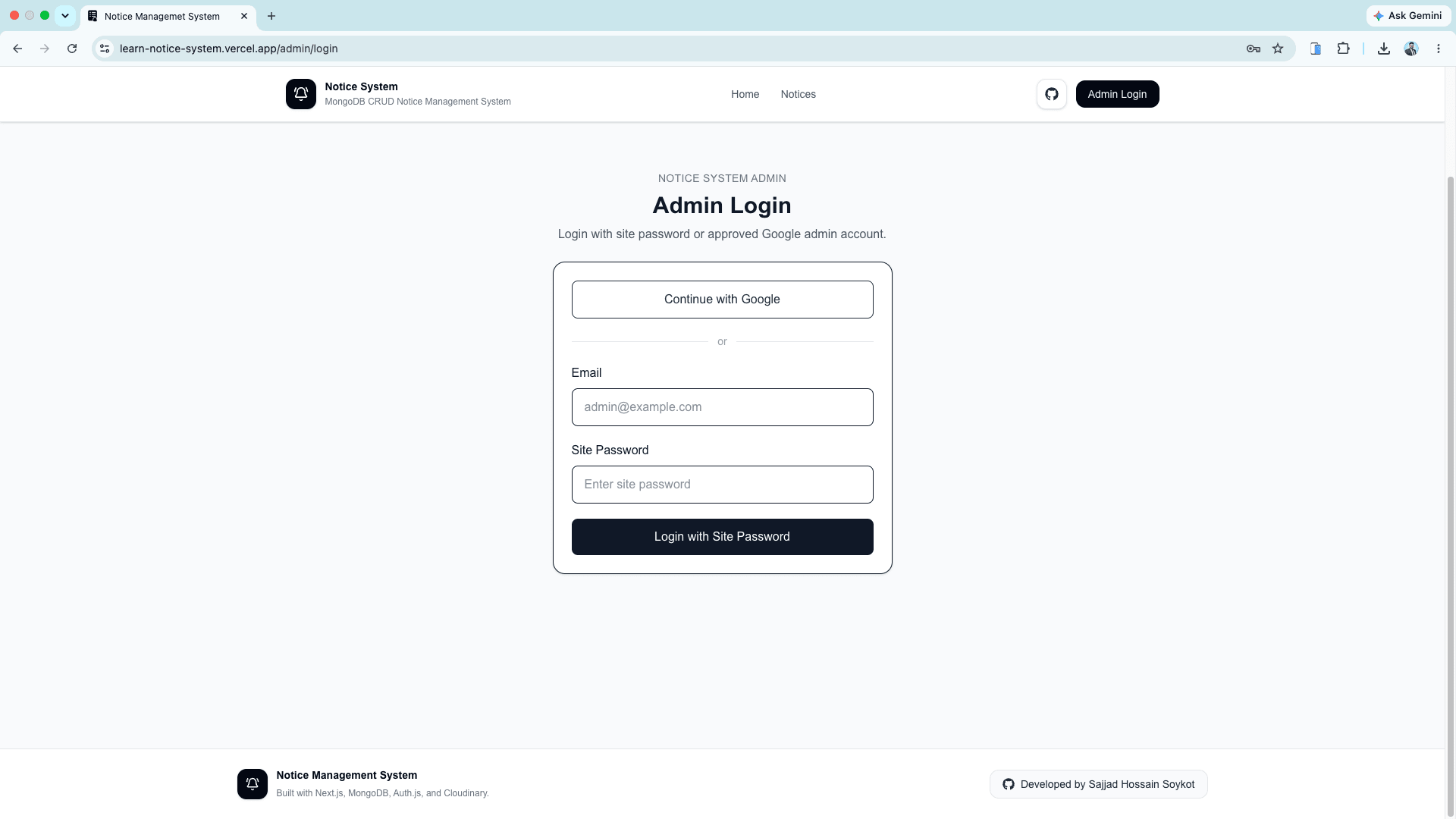 Notice Management System admin authentication page