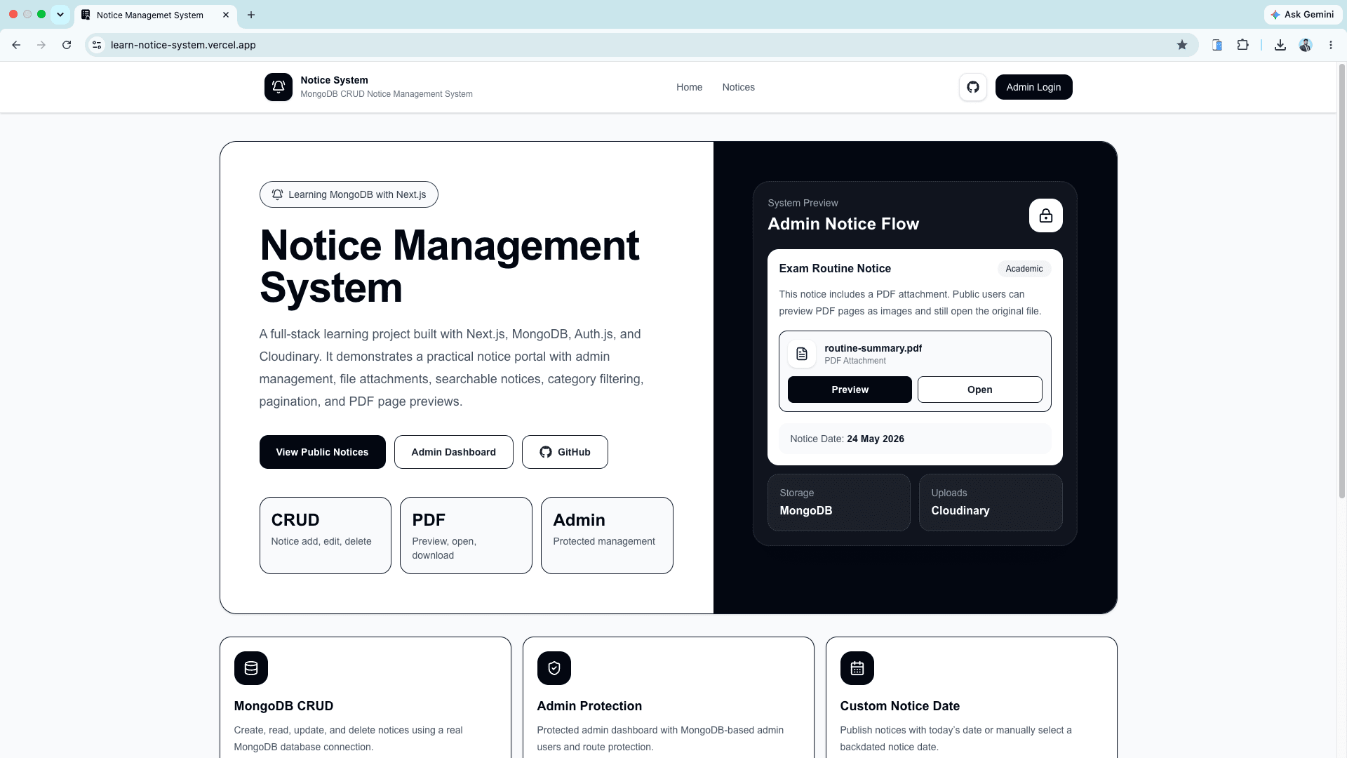Notice Management System homepage