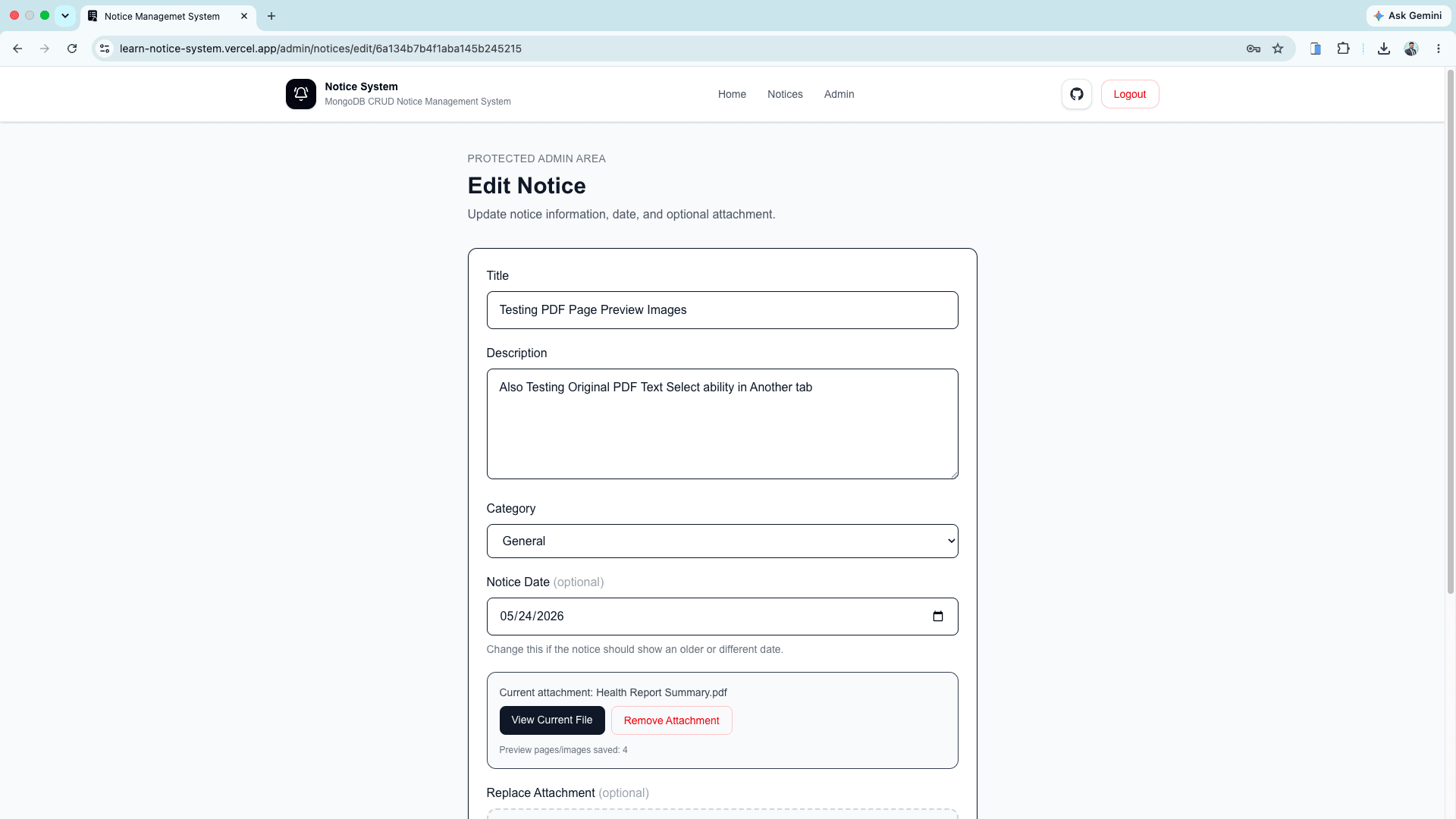 Notice Management System notice create and edit interface