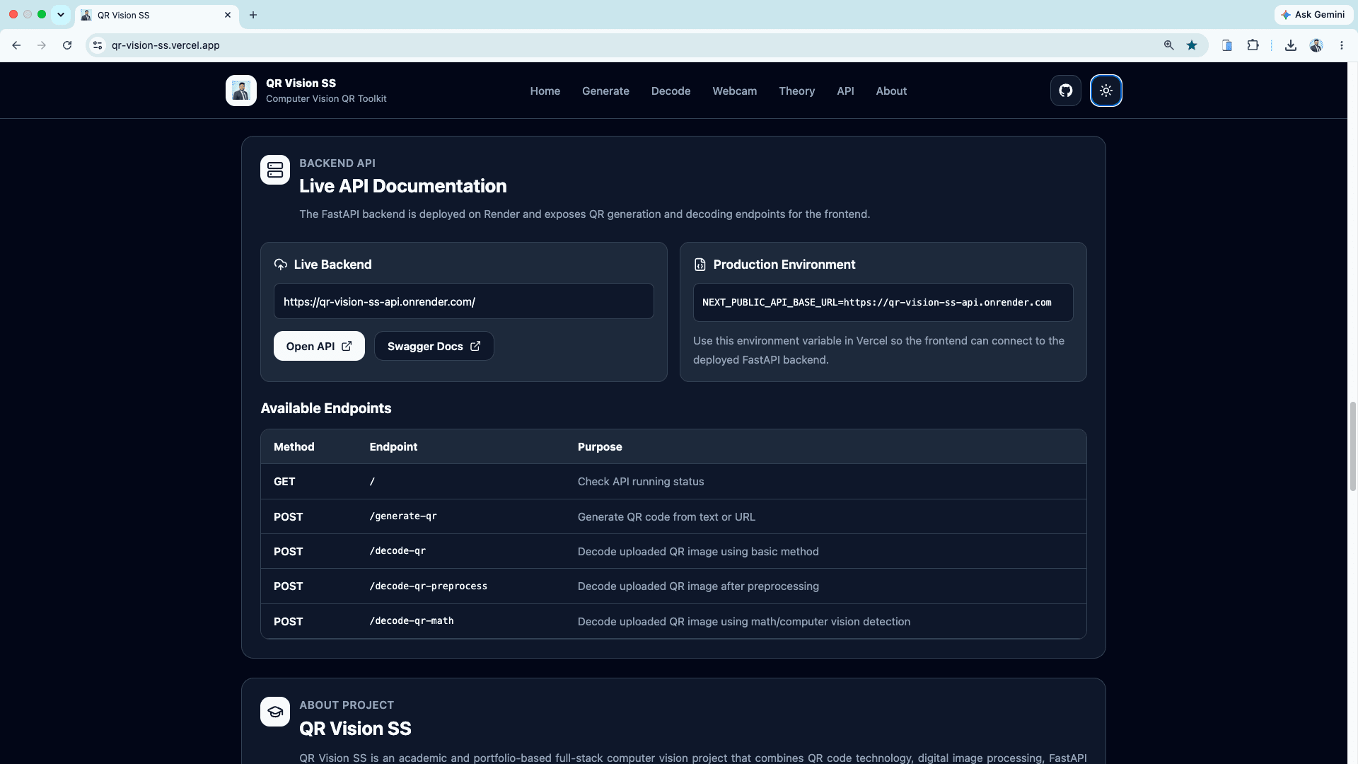 QR Vision SS backend API documentation in dark mode