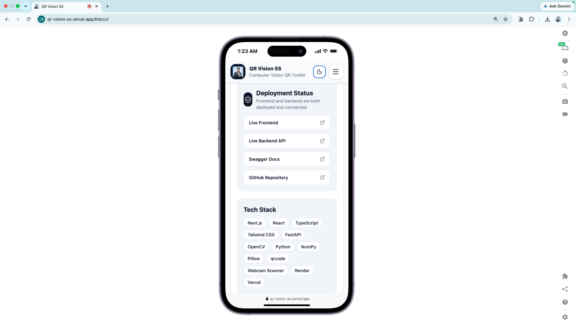 QR Vision SS mobile view layout