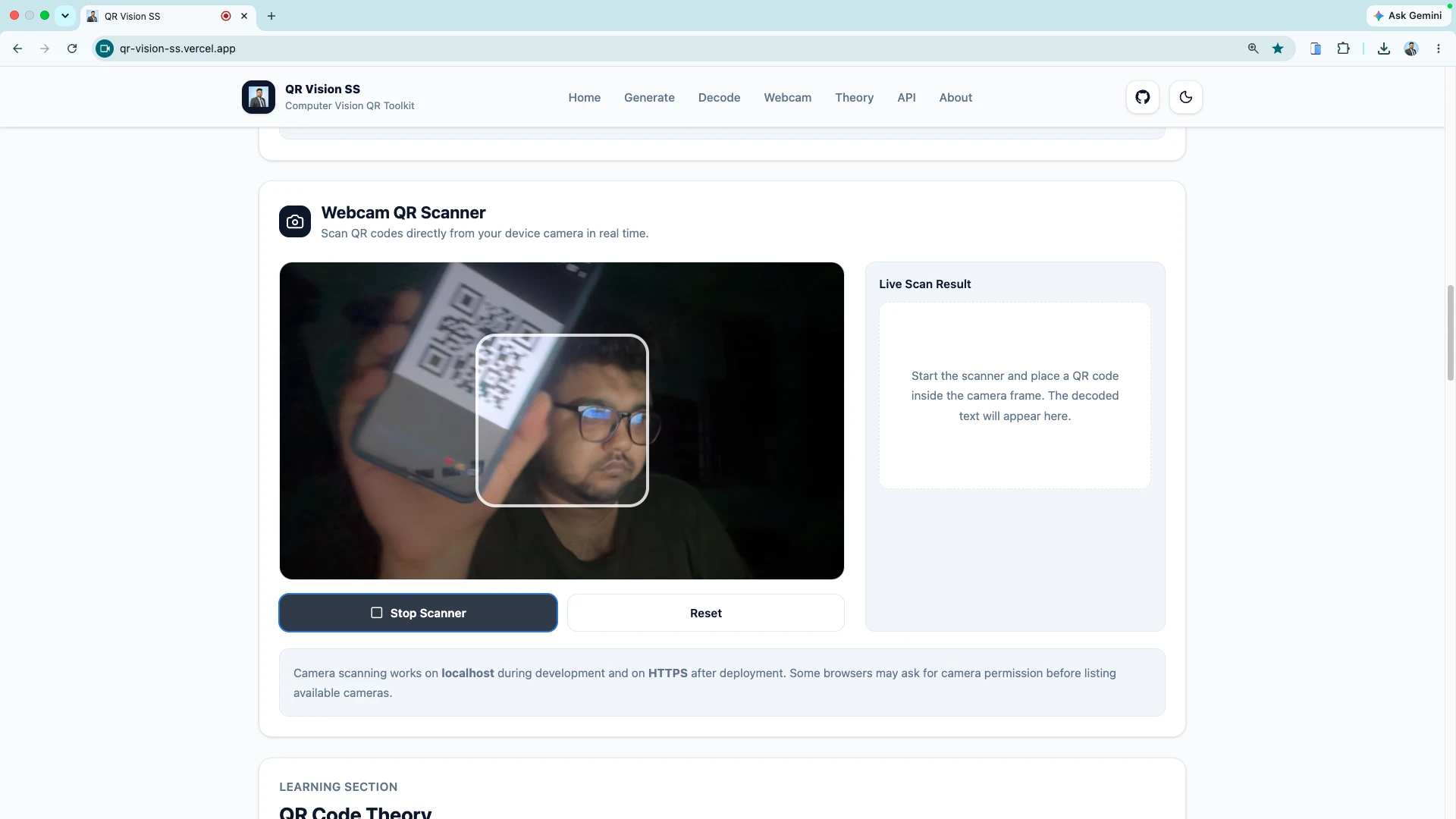 QR Vision SS real-time webcam scanning