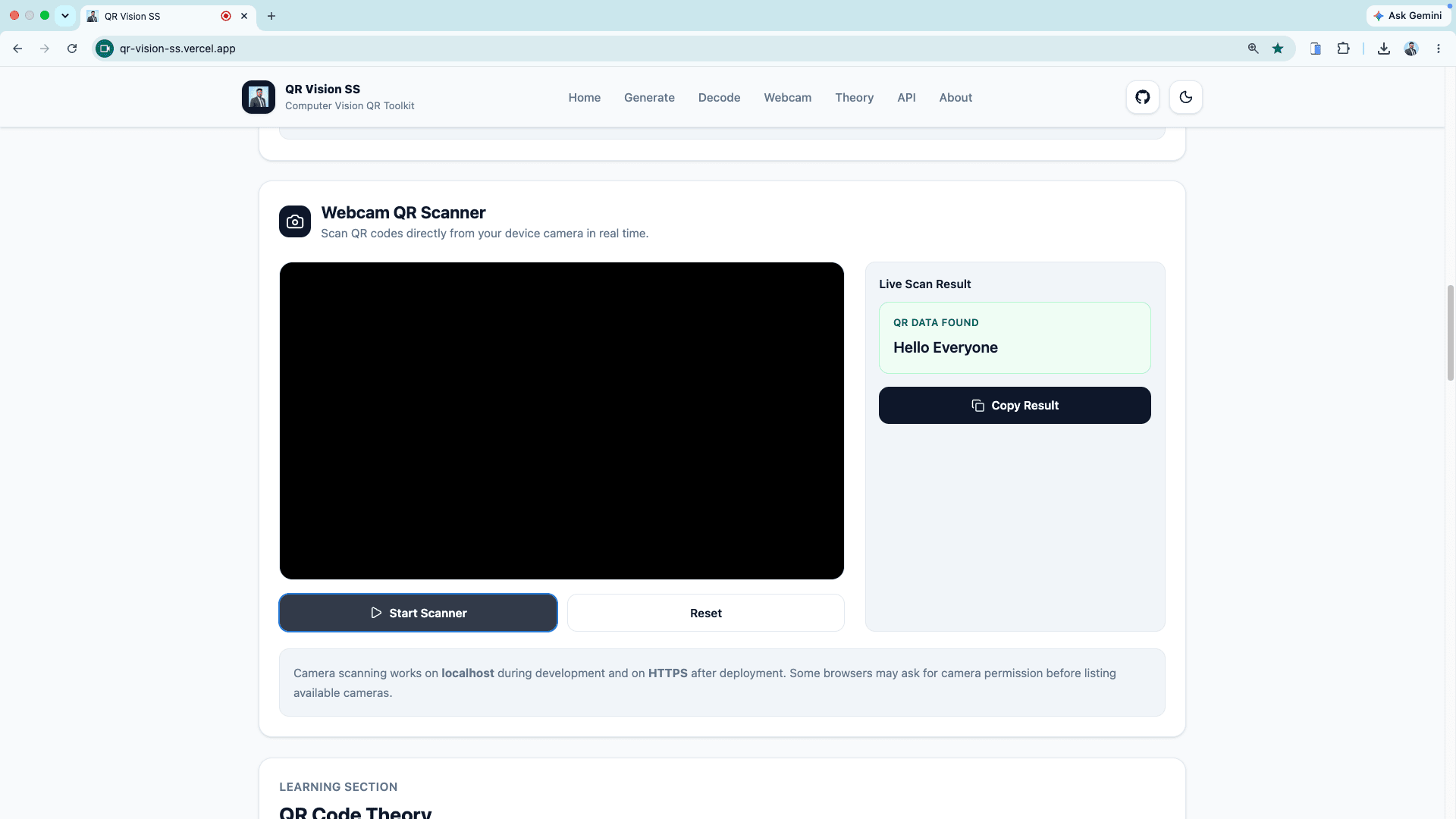 QR Vision SS webcam QR code decoding results