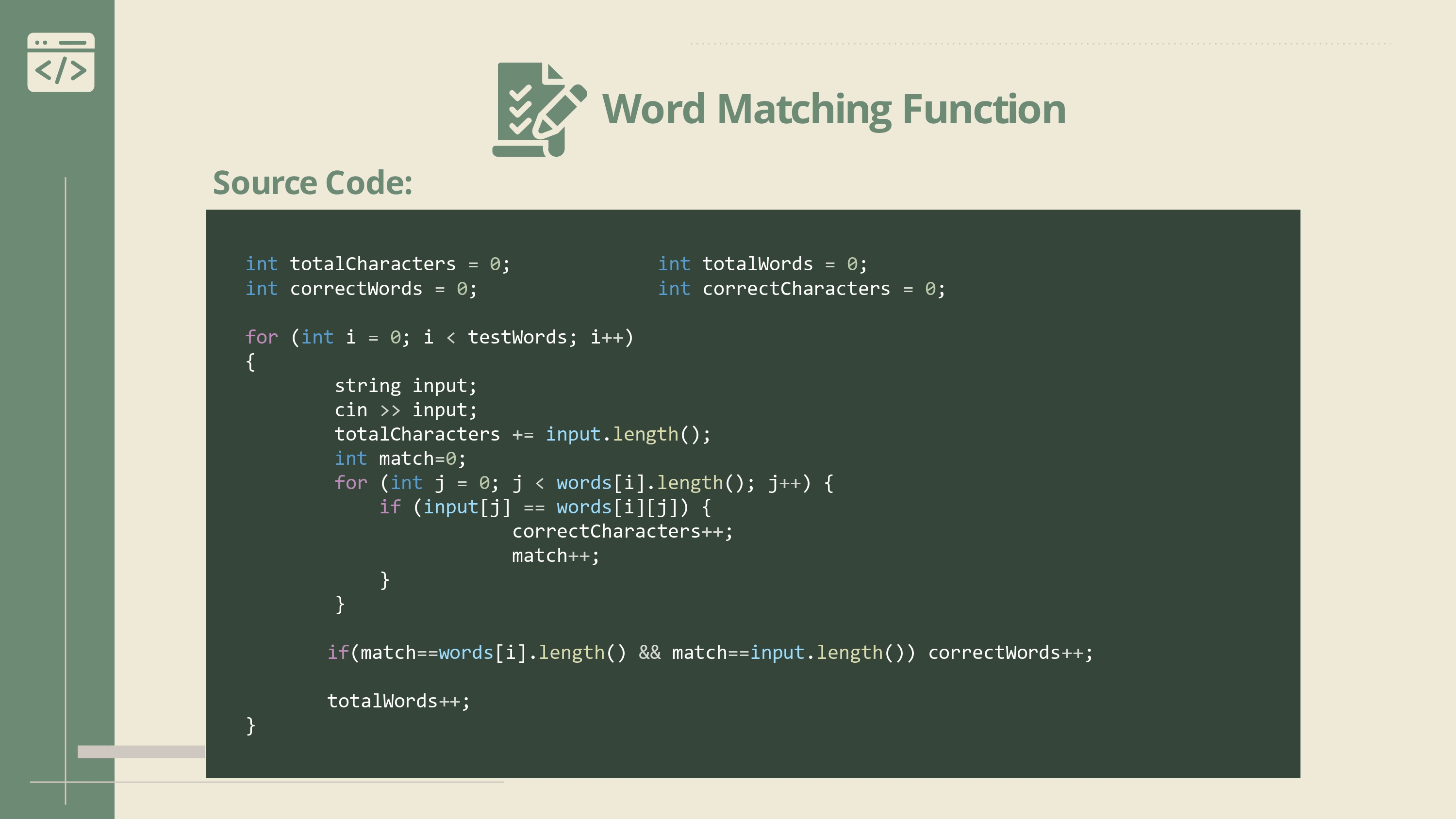 Typing test word matching logic