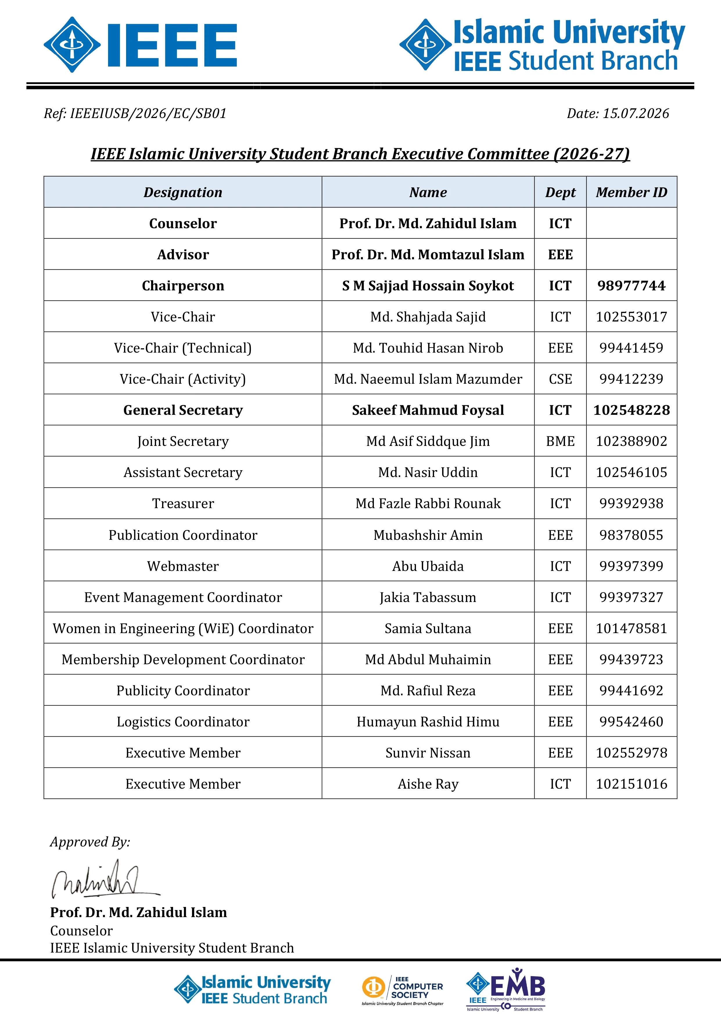IEEE IU SB Executive Committee 2026-27 Notice Circular