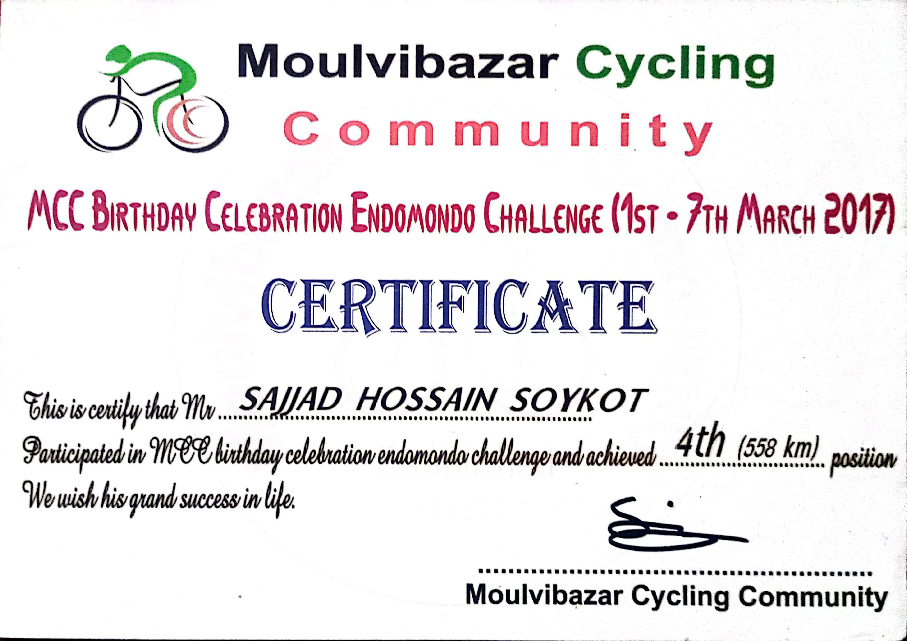 4th Place | MCC Cycling Challenge 2017 (558 km in 7 Days)