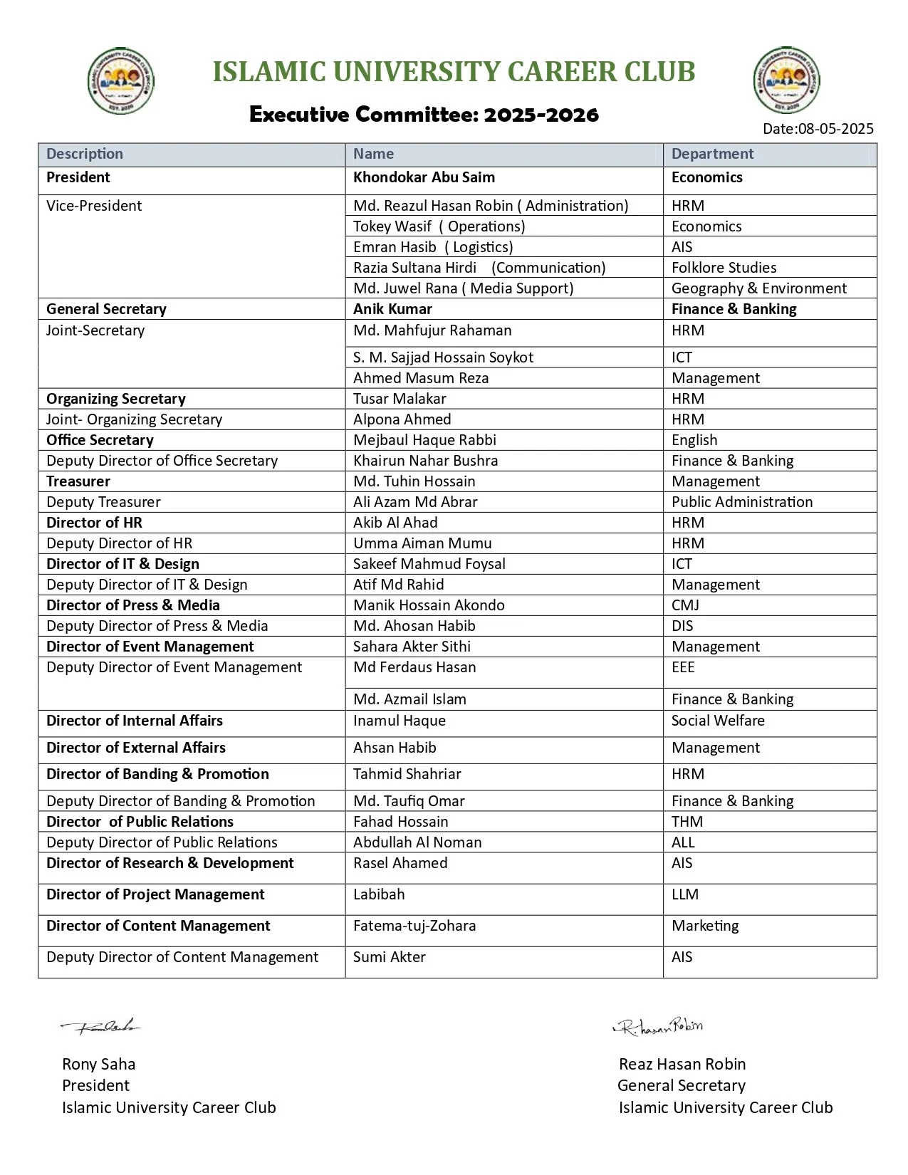 Official Executive Committee 2025-26 Announcement Notice