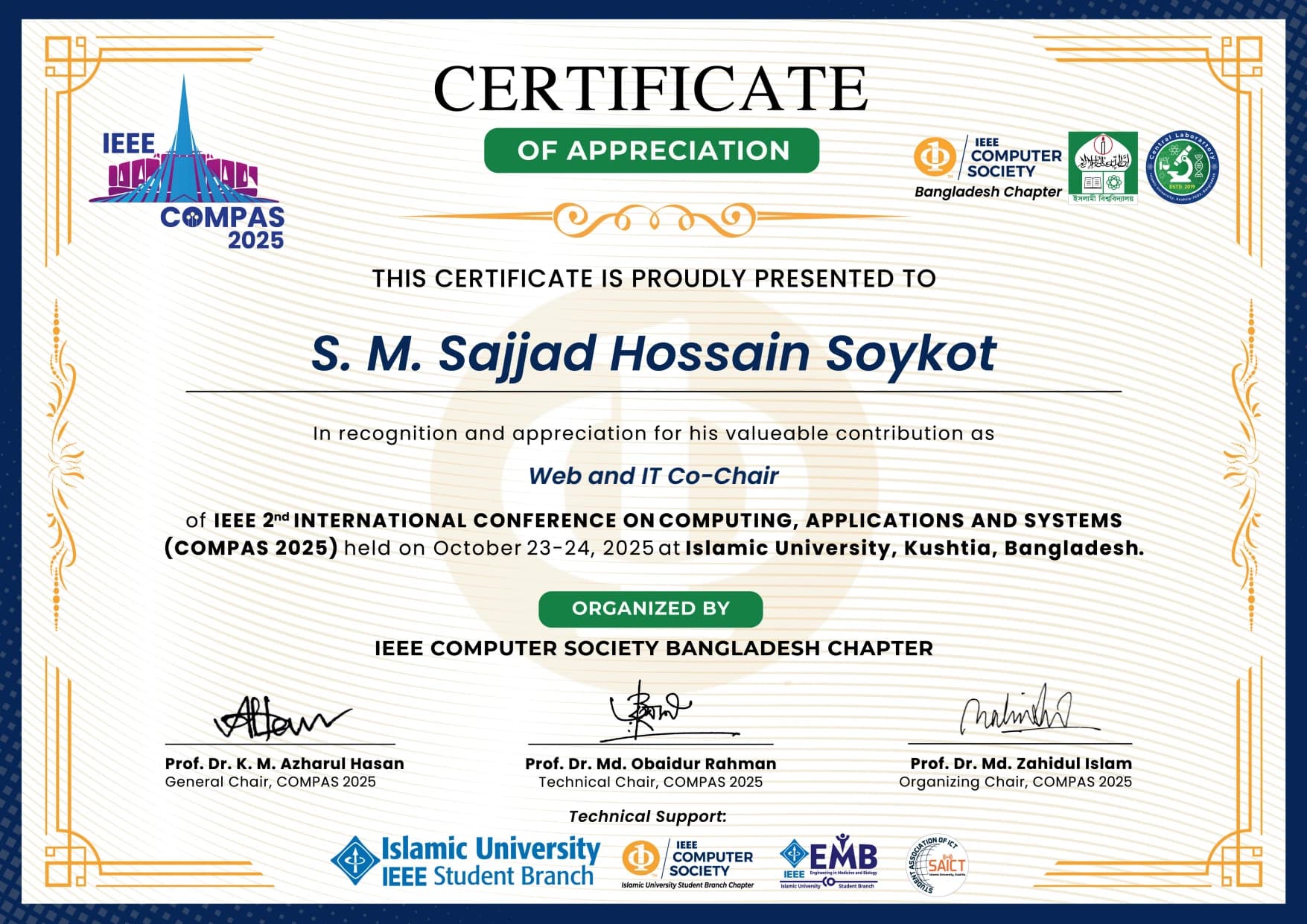 IEEE COMPAS 2025 Web & IT Co-Chair Certificate
