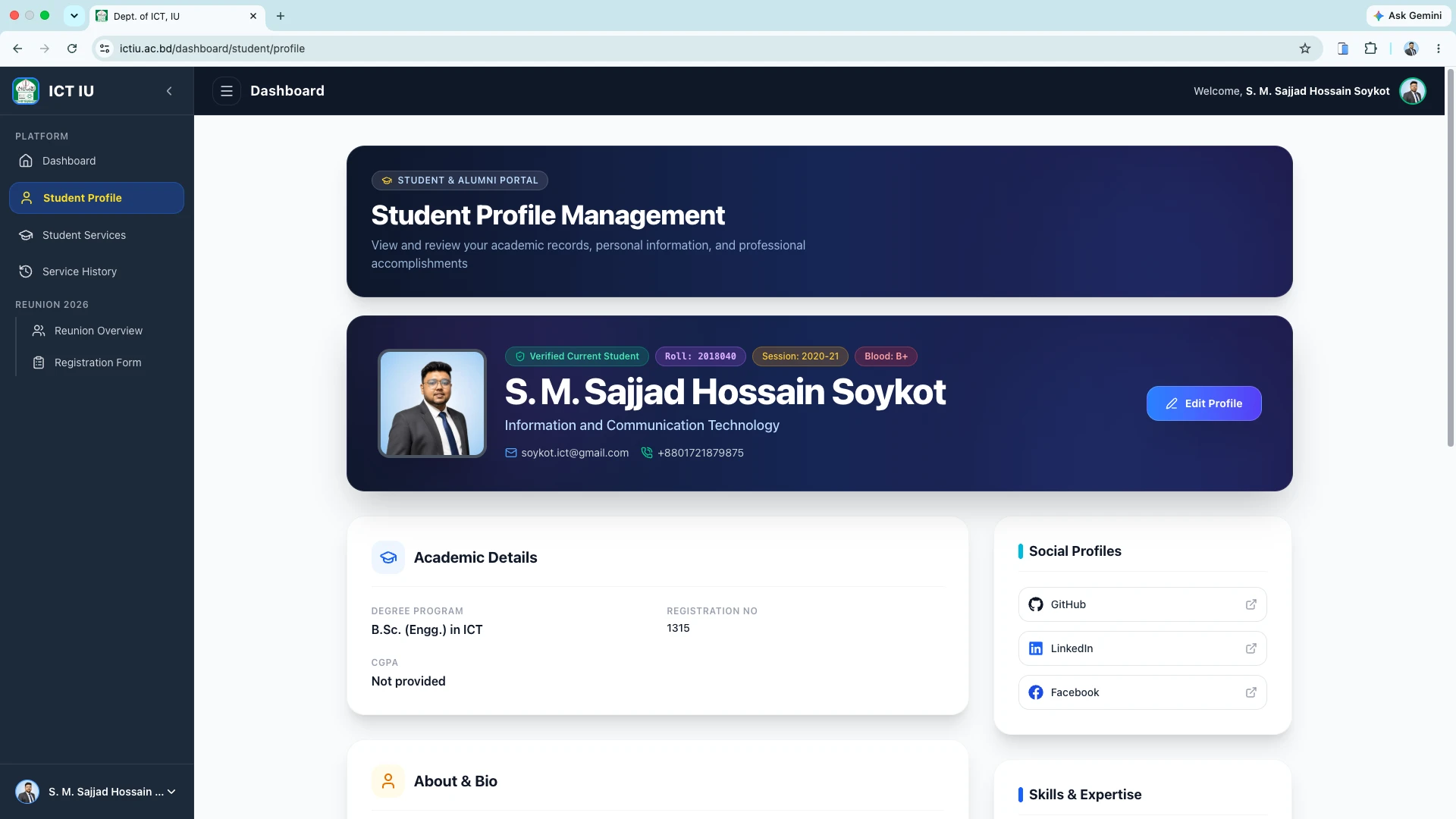 ICT IU student profile management portal