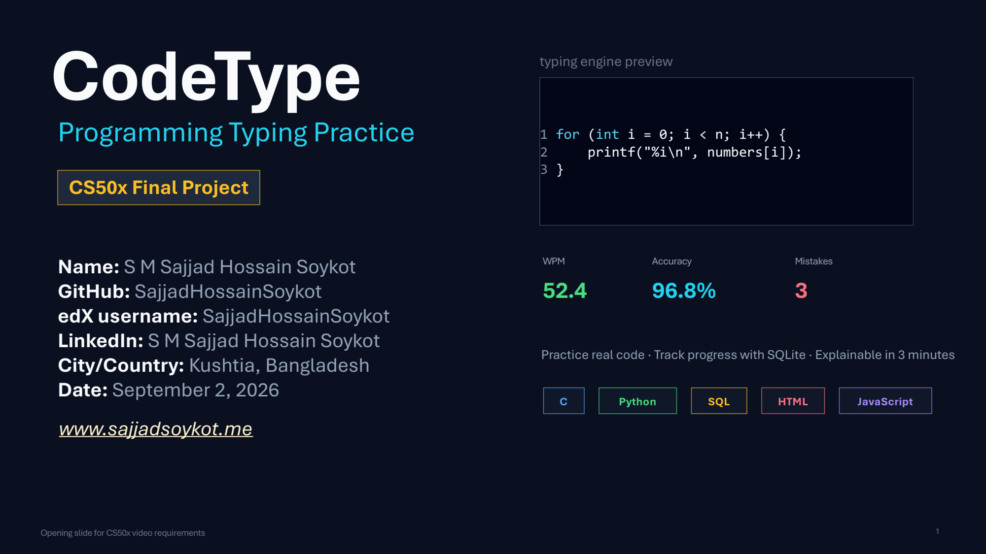 CodeType CS50x project presentation slide cover