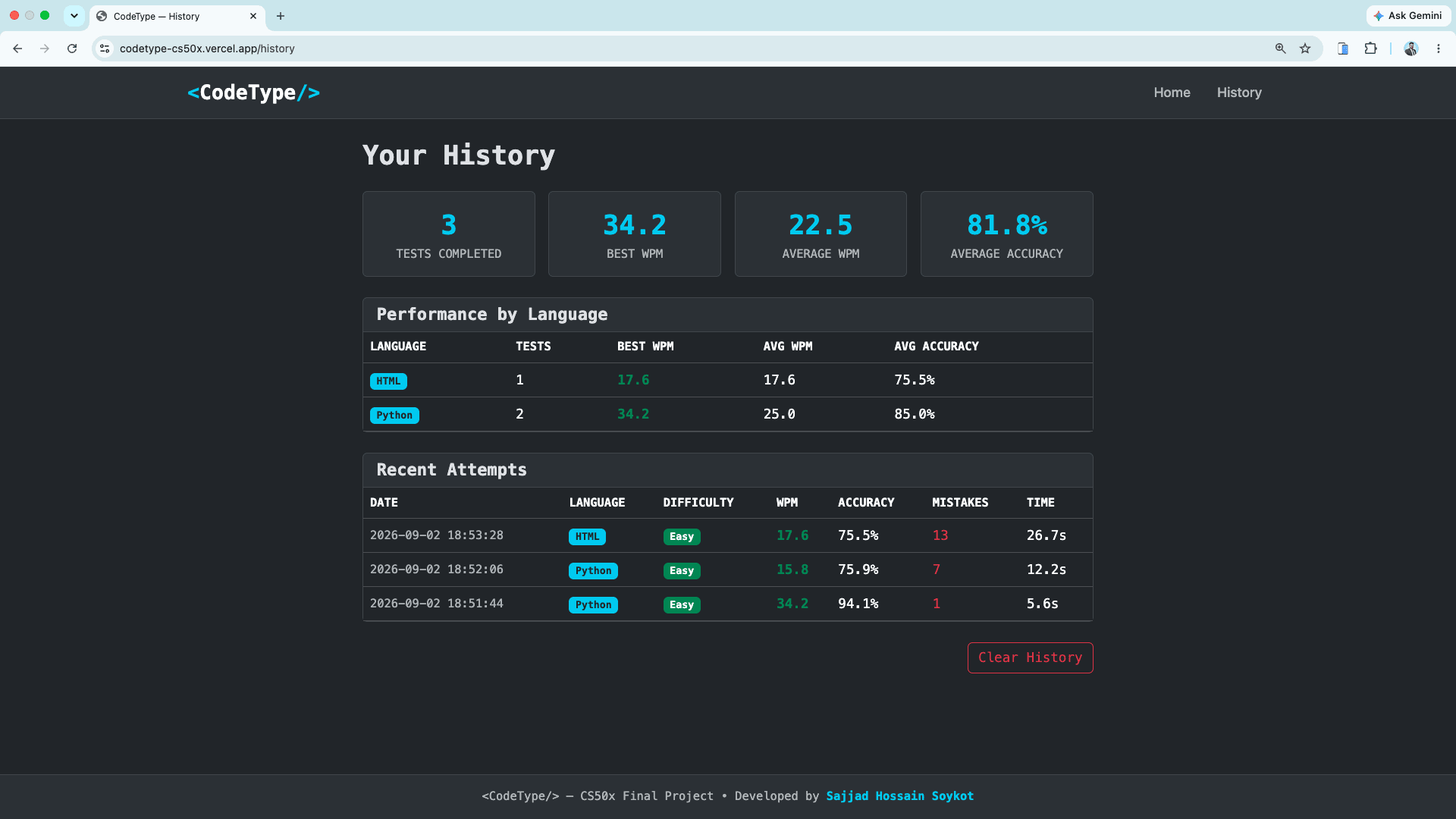 CodeType user practice history and aggregate analytics