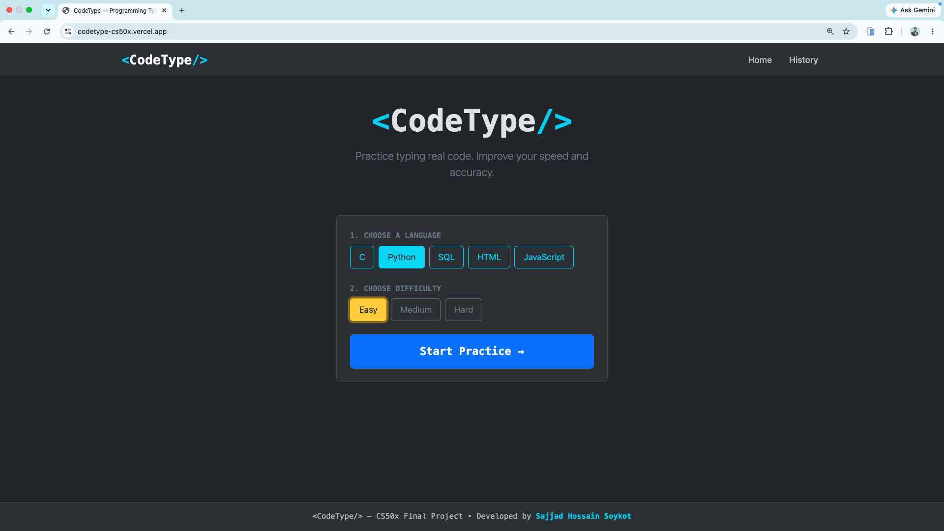 CodeType homepage with language and difficulty selector