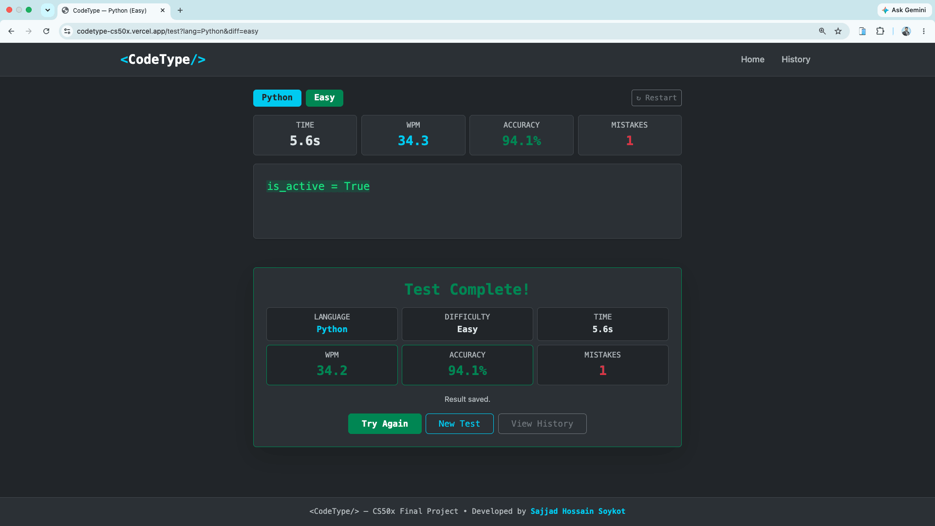 CodeType typing test completion results and statistics