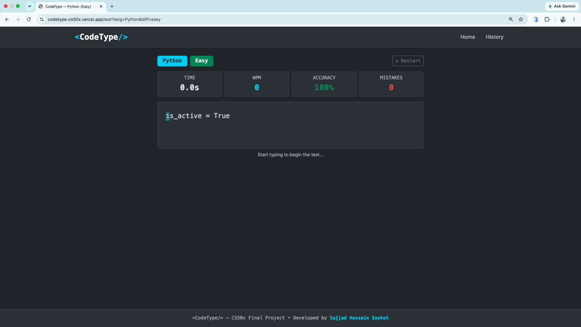 CodeType live typing test interface with character highlighting