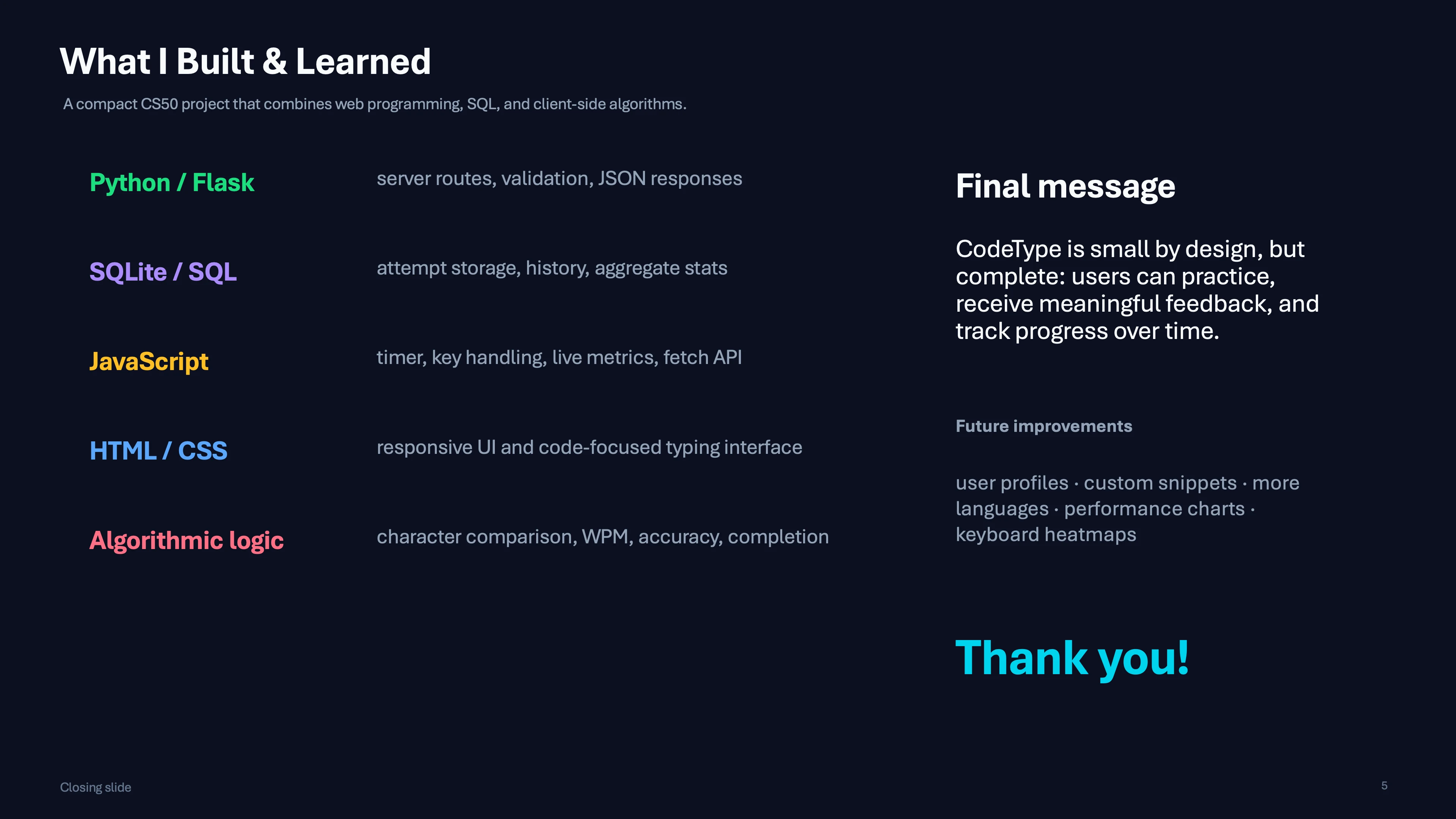 CodeType features built & learning outcomes