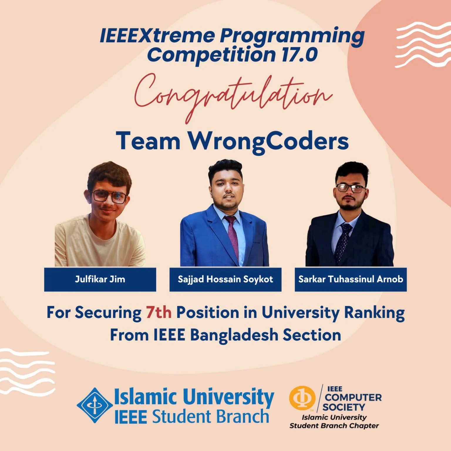 IEEEXtreme 17.0 Congratulations Photo Card — Team WrongCoders (7th Position in University Ranking)